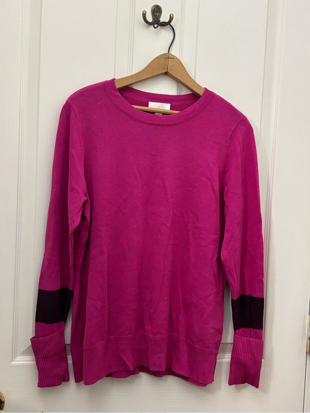 Belle by Kim Gravel Fuchsia Crewneck Sweater with Black Cuff Stripes